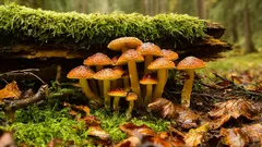 Houby rostoucí na mechu v lese, detailní pohled na houbový porost u klády