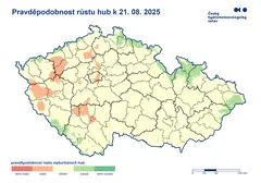 Mapa ČR s pravděpodobností růstu hub k 21. 08. 2025 podle krajů a oblastí