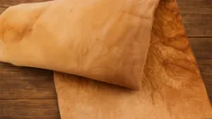 Perníkový papír na dřevěném stole, detailní záběr na přírodní teplý materiál.