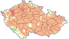 Mapa Česka s barevným rozlišením oblastí podle intenzity určitého jevu