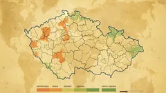 Mapa ČR s barevným vyznačením úrovní znečištění ovzduší v jednotlivých regionech.